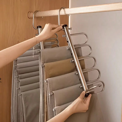 1pc Stainless Steel 6-Layer Magic Pants Hanger - With Anti-Slip Strips, Reinforced Thick Heavy-Duty Multi-Layer Pants Rack With No-Mark Magic Clips, Space-Saving Closet Organizer, Suitable For Rod/Cei