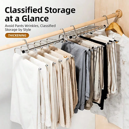 1pc Stainless Steel 6-Layer Magic Pants Hanger - With Anti-Slip Strips, Reinforced Thick Heavy-Duty Multi-Layer Pants Rack With No-Mark Magic Clips, Space-Saving Closet Organizer, Suitable For Rod/Cei