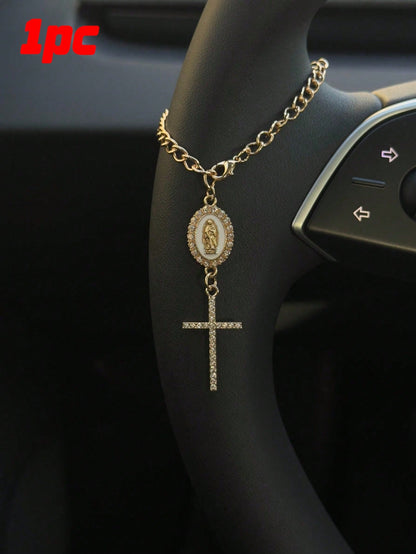 1pc Steering Wheel Decor, 15cm Adjustable Length, Minimalist, Cute, Creative Rosary Charm Car Accessory, Unique Fashion Car Pendant Decoration
