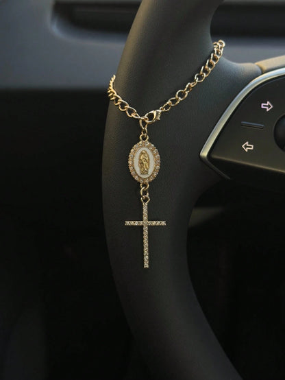 1pc Steering Wheel Decor, 15cm Adjustable Length, Minimalist, Cute, Creative Rosary Charm Car Accessory, Unique Fashion Car Pendant Decoration