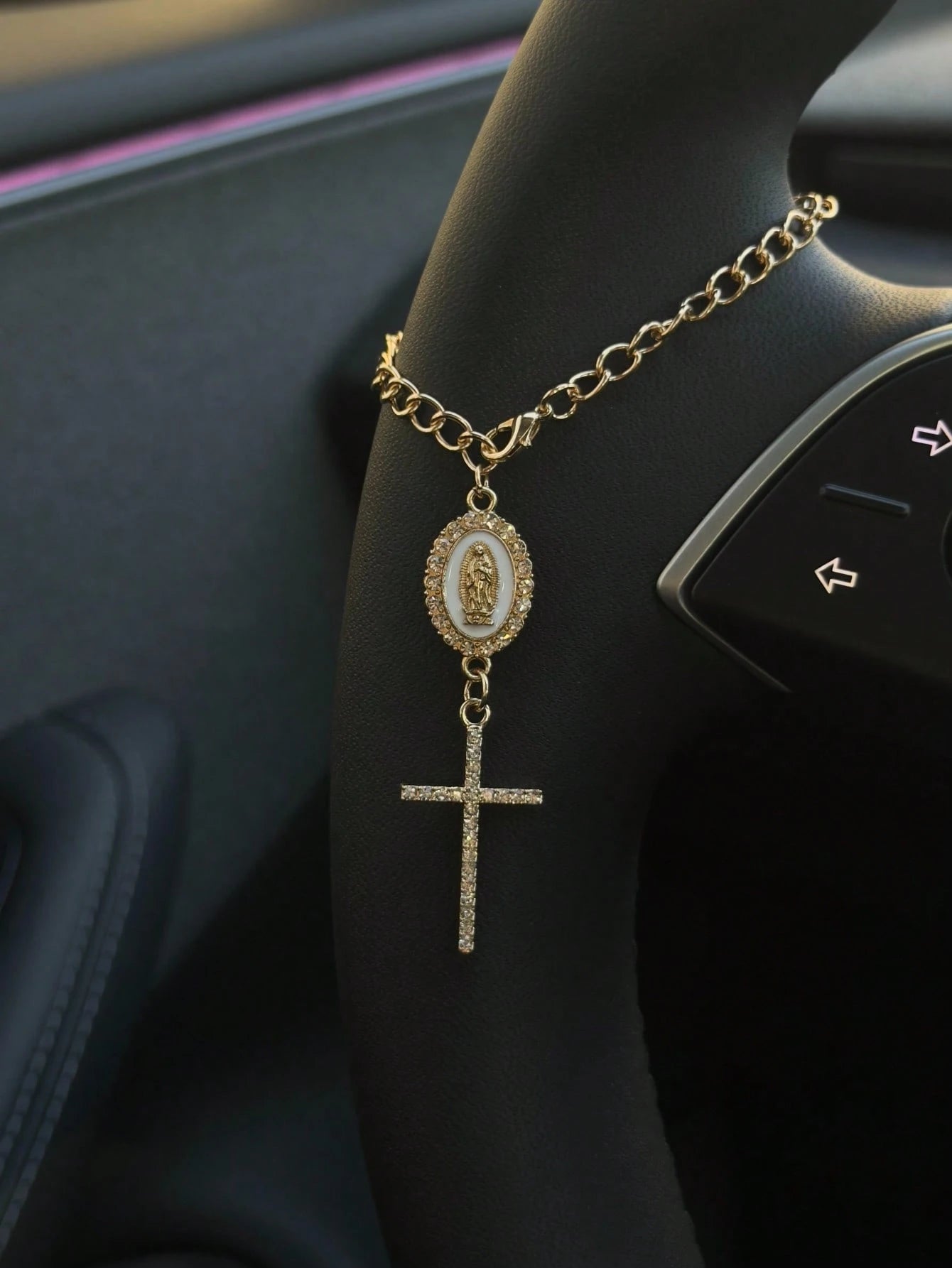 1pc Steering Wheel Decor, 15cm Adjustable Length, Minimalist, Cute, Creative Rosary Charm Car Accessory, Unique Fashion Car Pendant Decoration