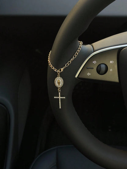 1pc Steering Wheel Decor, 15cm Adjustable Length, Minimalist, Cute, Creative Rosary Charm Car Accessory, Unique Fashion Car Pendant Decoration