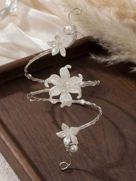 1pc Summer Fashion Floral Arm Bracelet, Exaggerated Geometric Open Metal Bangle Arm Ring, Suitable For Vacation, Party, Gathering