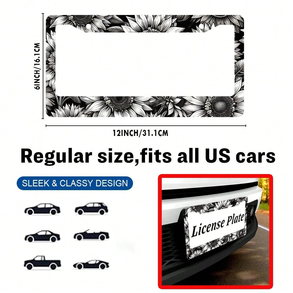 1PC Sunflower License Plate Frame Personalized Black White Floral License Plate Frames Auto Accessory Bracket License Plate Holder With Screws Women Men 6x12 Inch 2 Holes