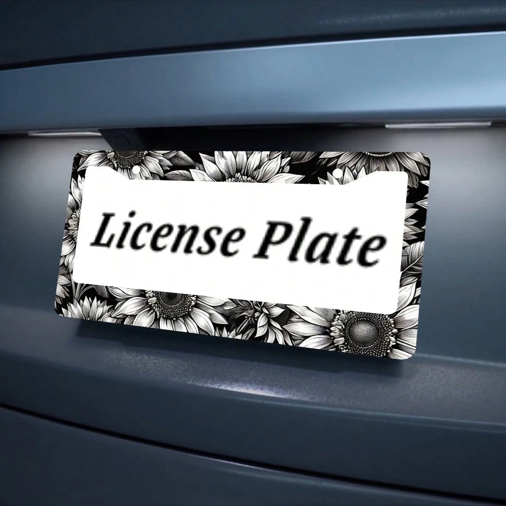 1PC Sunflower License Plate Frame Personalized Black White Floral License Plate Frames Auto Accessory Bracket License Plate Holder With Screws Women Men 6x12 Inch 2 Holes