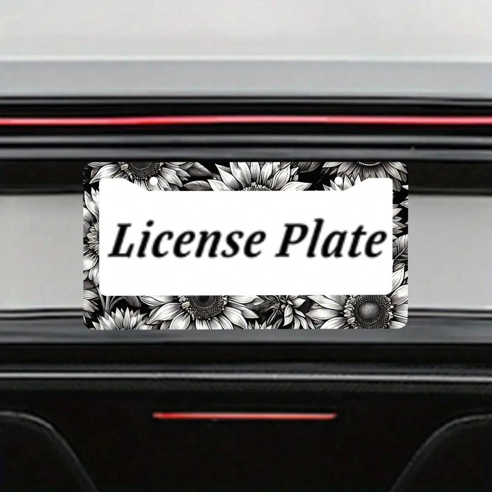 1PC Sunflower License Plate Frame Personalized Black White Floral License Plate Frames Auto Accessory Bracket License Plate Holder With Screws Women Men 6x12 Inch 2 Holes