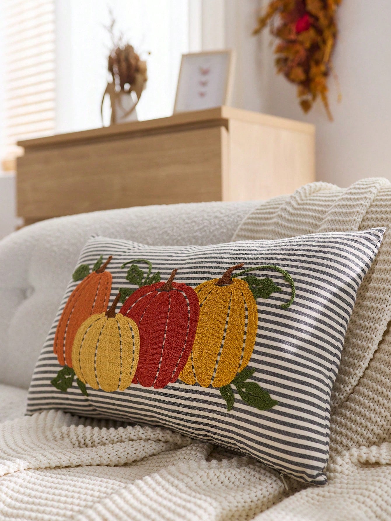 1pc Thanksgiving Pumpkin Embroidered Pillow Case, Suitable For Indoor Decoration, Thanksgiving Decor, All-Season Pillow Case, Without Insert
