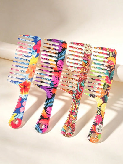 1pc Tropical Printed Wide Tooth Hair Comb With Handle, Plastic Detangling Hair Comb, Anti Static Hairdressing Styling Tool For Curly Thick Long Hair, Portable Hair Grooming Accessory For Women Daily H