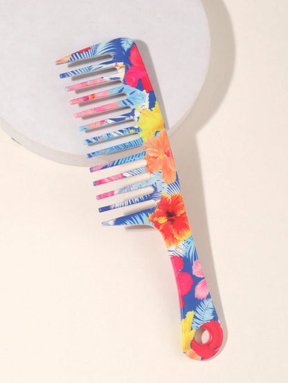 1pc Tropical Printed Wide Tooth Hair Comb With Handle, Plastic Detangling Hair Comb, Anti Static Hairdressing Styling Tool For Curly Thick Long Hair, Portable Hair Grooming Accessory For Women Daily H