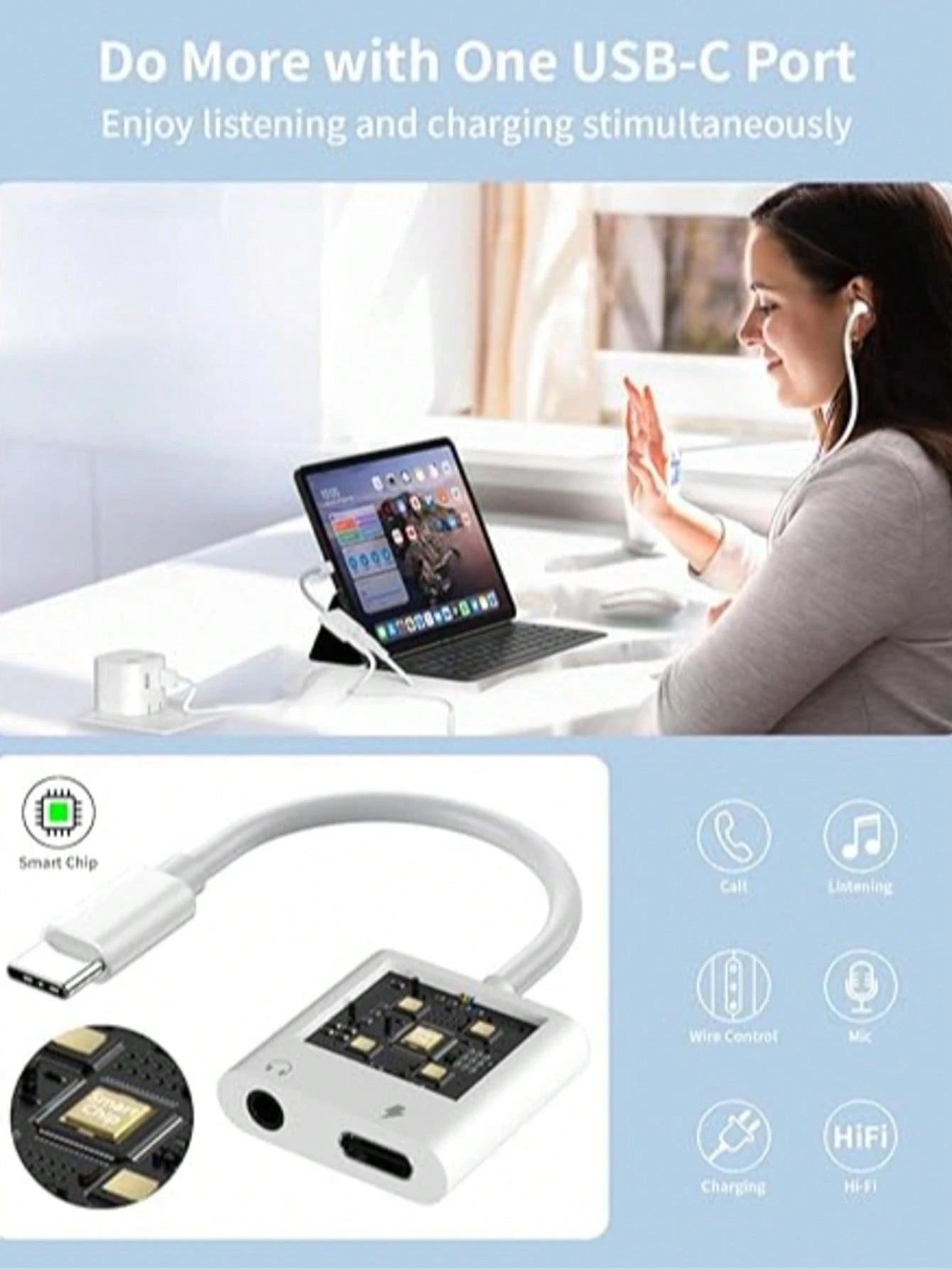 1pc Unisex Dual-Port High-Efficiency Fast Charging + High-Definition Audio Transmission No Noise No Lag Minimalist Versatile USB-C To 3.5mm Earphone Charging 2-In-1 Adapter Compatible With Apple 17 Ai