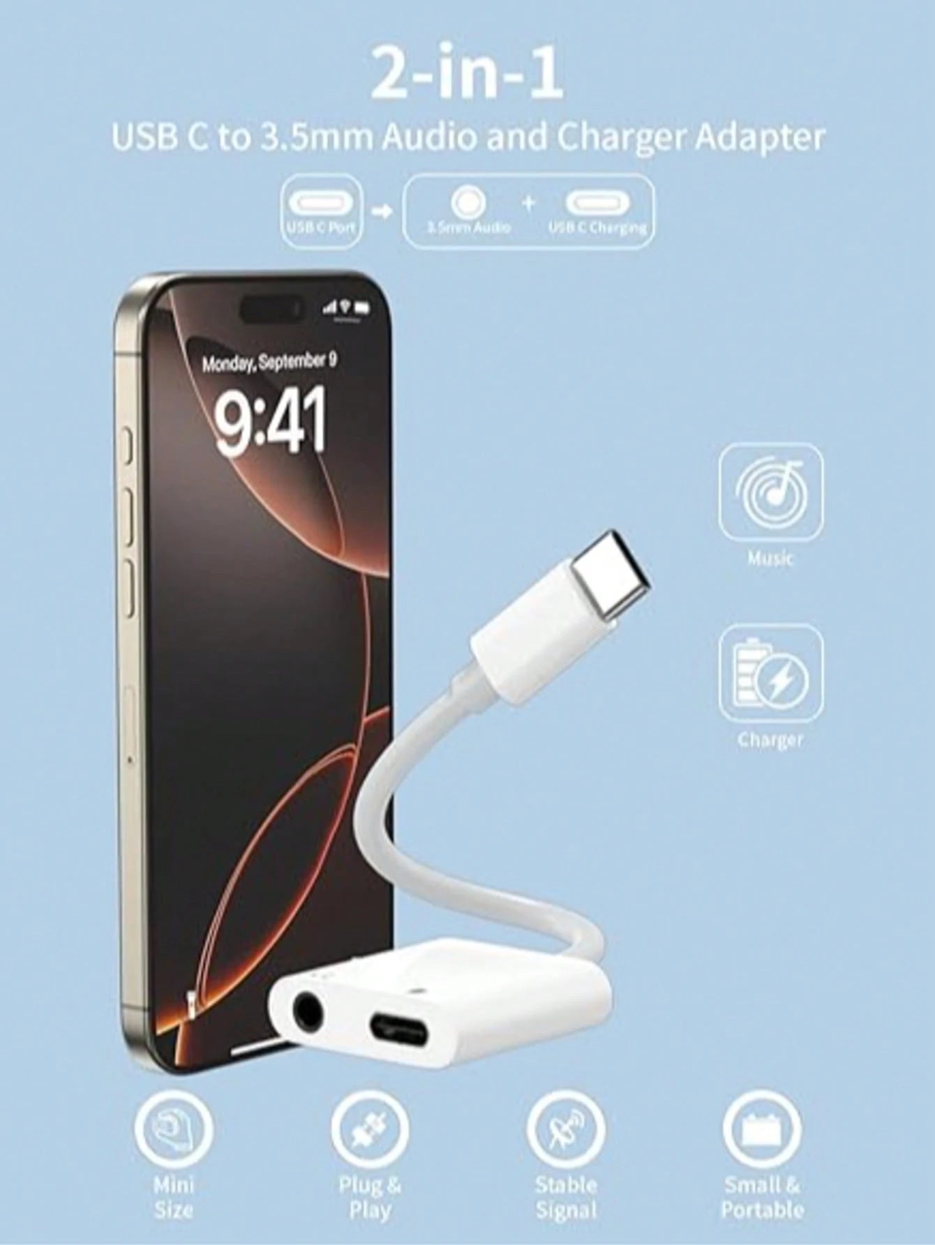 1pc Unisex Dual-Port High-Efficiency Fast Charging + High-Definition Audio Transmission No Noise No Lag Minimalist Versatile USB-C To 3.5mm Earphone Charging 2-In-1 Adapter Compatible With Apple 17 Ai