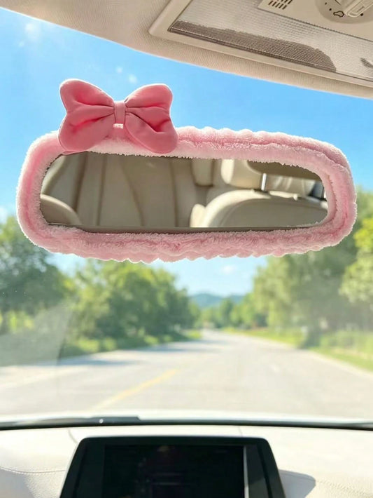 1pc Universal Plush Rearview Mirror Cover, Bow Plush Rearview Mirror Cover, Car Accessories, Car Decor, Decorative Car, Gift, Rearview Mirror Protection Cover, Pink Car Rearview Mirror Protection Cove