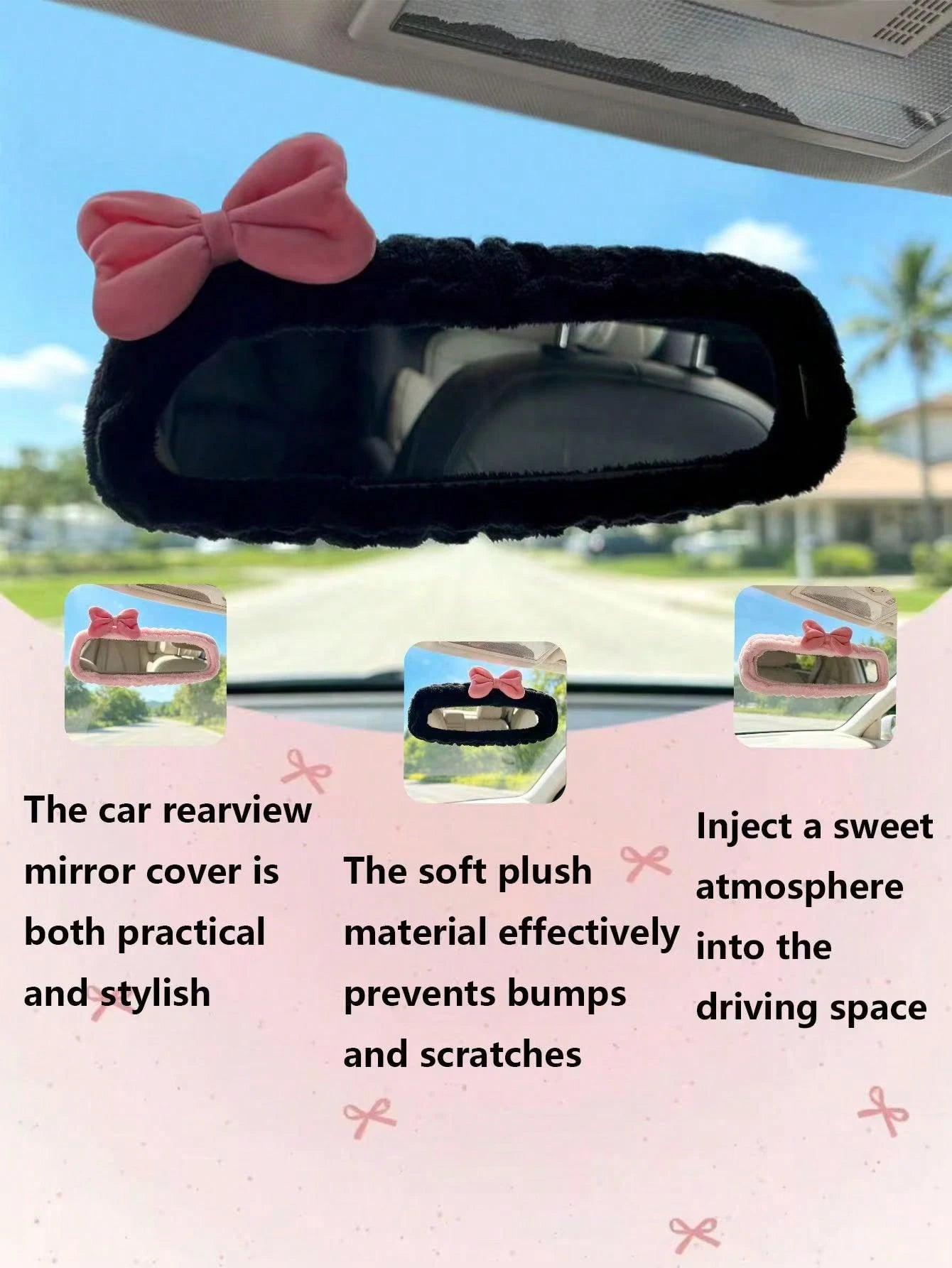 1pc Universal Plush Rearview Mirror Cover, Bow Plush Rearview Mirror Cover, Car Accessories, Car Decor, Decorative Car, Gift, Rearview Mirror Protection Cover, Pink Car Rearview Mirror Protection Cove