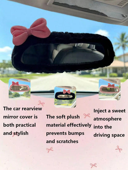 1pc Universal Plush Rearview Mirror Cover, Bow Plush Rearview Mirror Cover, Car Accessories, Car Decor, Decorative Car, Gift, Rearview Mirror Protection Cover, Pink Car Rearview Mirror Protection Cove