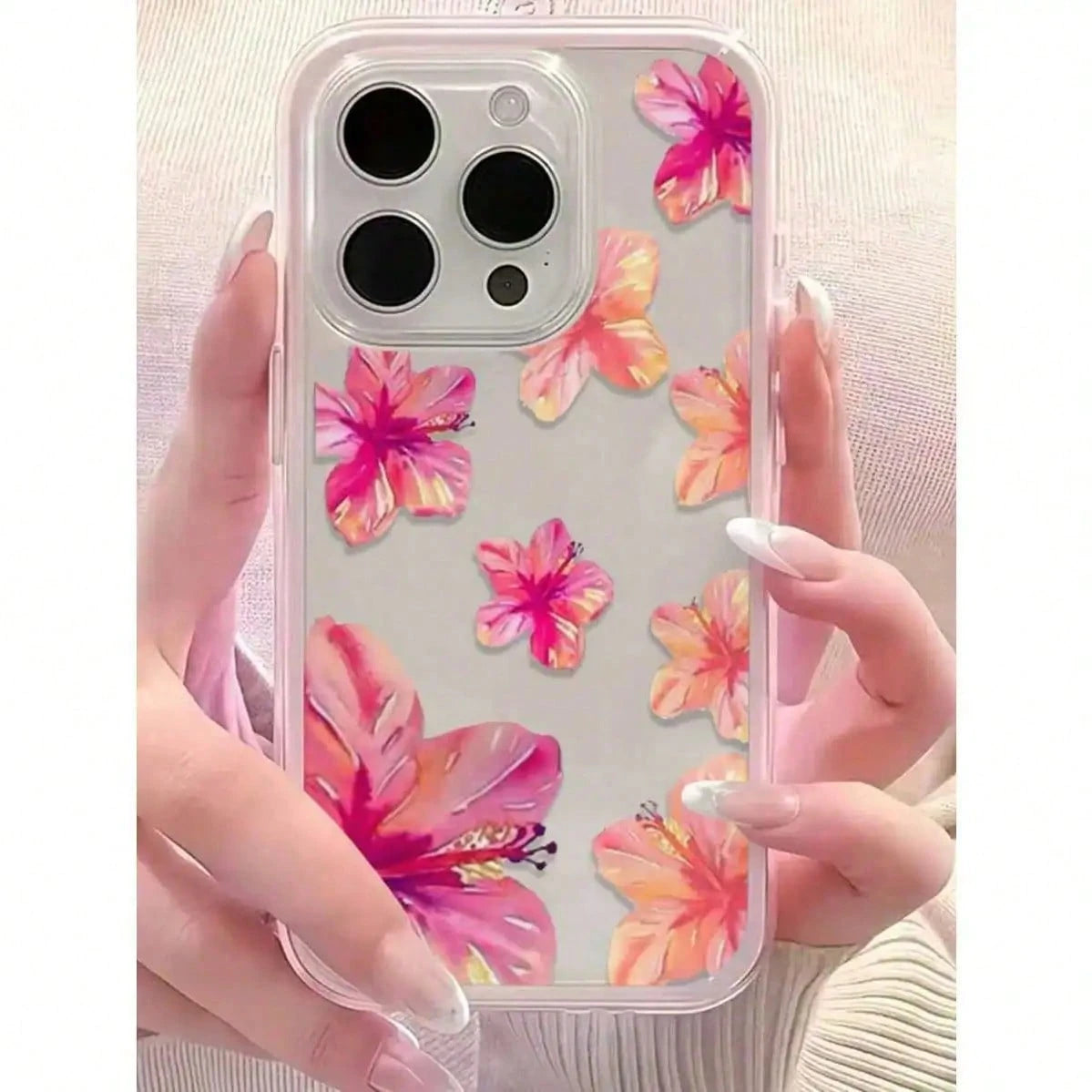 1pc Vibrant Lily Flower Pattern Pink Edgy Transparent Full Coverage Shockproof Fashionable Phone Case, Suitable For IPhone 11 12 13 14 15 16 17 Pro Max/Plus, Gift