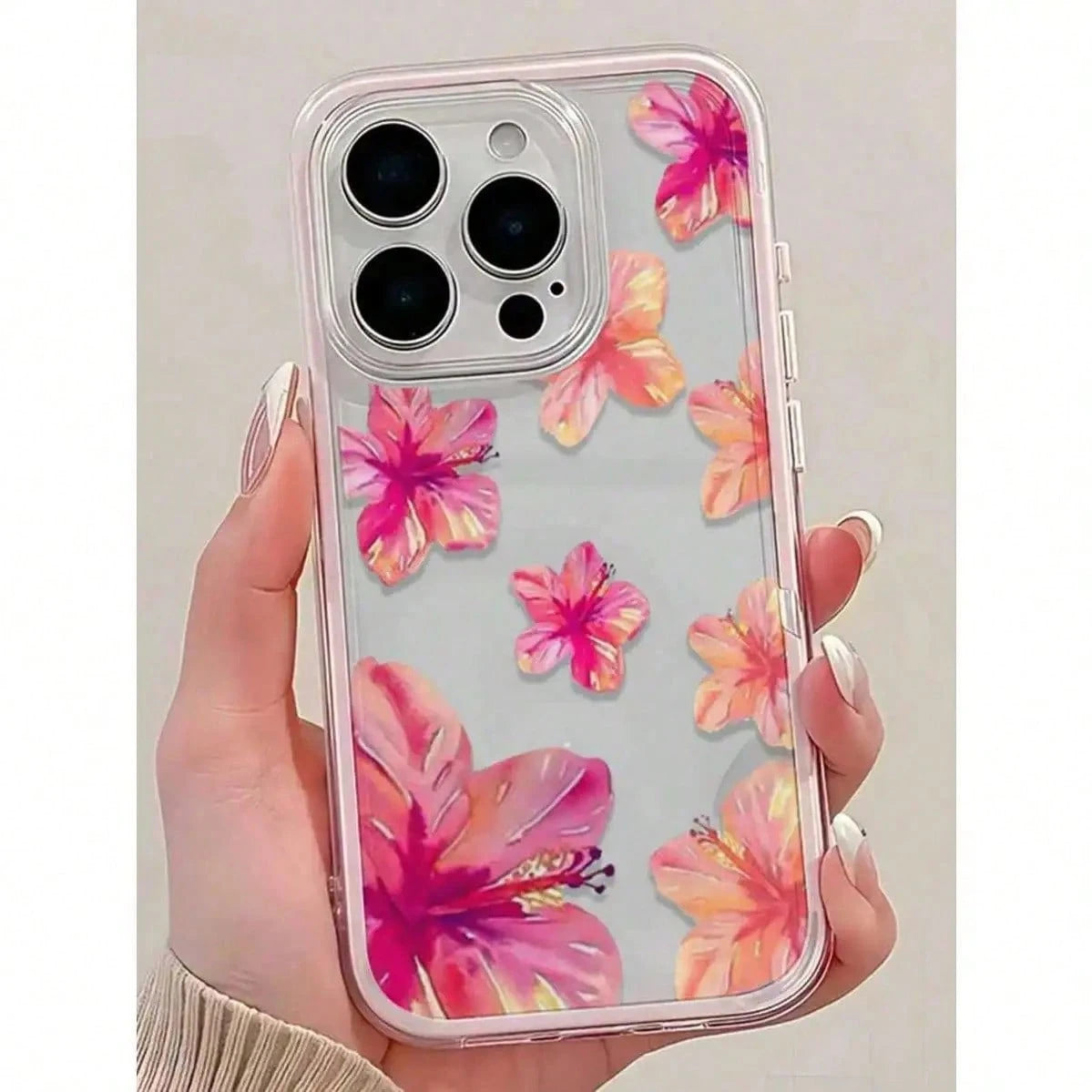 1pc Vibrant Lily Flower Pattern Pink Edgy Transparent Full Coverage Shockproof Fashionable Phone Case, Suitable For IPhone 11 12 13 14 15 16 17 Pro Max/Plus, Gift
