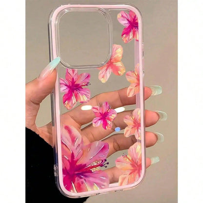 1pc Vibrant Lily Flower Pattern Pink Edgy Transparent Full Coverage Shockproof Fashionable Phone Case, Suitable For IPhone 11 12 13 14 15 16 17 Pro Max/Plus, Gift