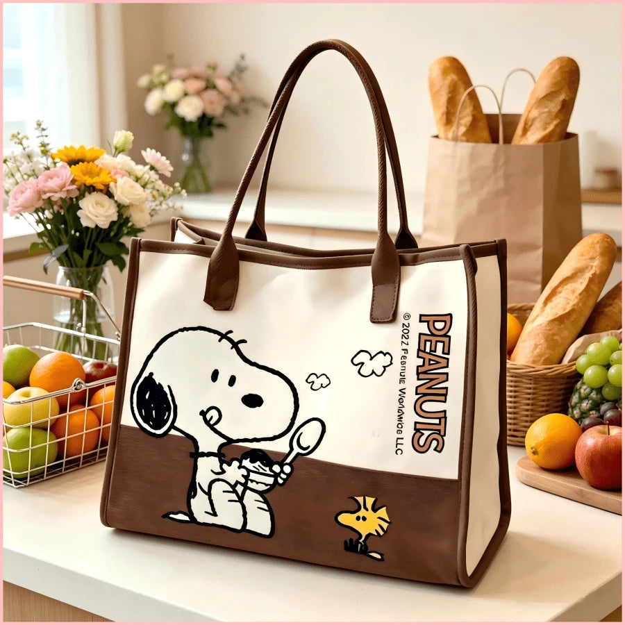 1PC Vintage Brown & White Block Snoopy And Print Tote Bag, Large Capacity Shoulder Bag, Structured Work School Travel Shopping Bag, Sweet Birthday Christmas Gift For Women Teen Girls Friends