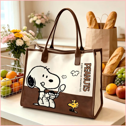 1PC Vintage Brown & White Block Snoopy And Print Tote Bag, Large Capacity Shoulder Bag, Structured Work School Travel Shopping Bag, Sweet Birthday Christmas Gift For Women Teen Girls Friends