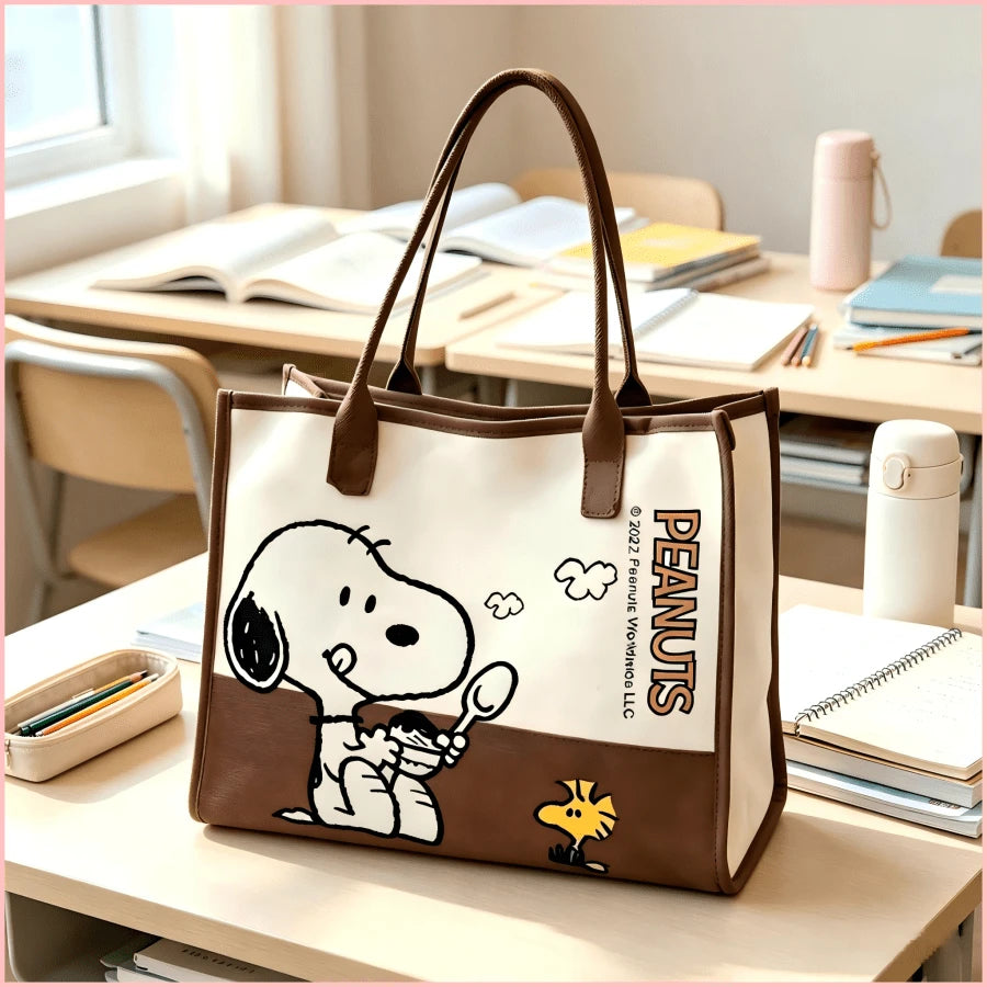 1PC Vintage Brown & White Block Snoopy And Print Tote Bag, Large Capacity Shoulder Bag, Structured Work School Travel Shopping Bag, Sweet Birthday Christmas Gift For Women Teen Girls Friends