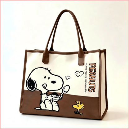 1PC Vintage Brown & White Block Snoopy And Print Tote Bag, Large Capacity Shoulder Bag, Structured Work School Travel Shopping Bag, Sweet Birthday Christmas Gift For Women Teen Girls Friends