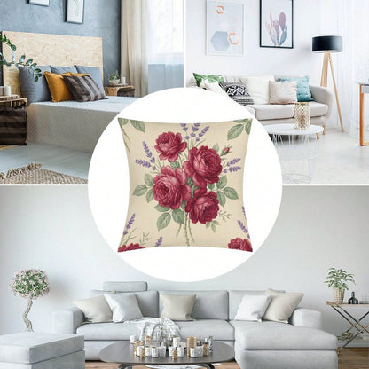 1pc Vintage Burgundy Rose & Lavender Floral Throw Pillow Cover, A Cozy Little Item With Interwoven Colorful Flowers And Plaids, Pillow Insert Not Included, Decorative Pillowcase, Elegant Pillow Cover