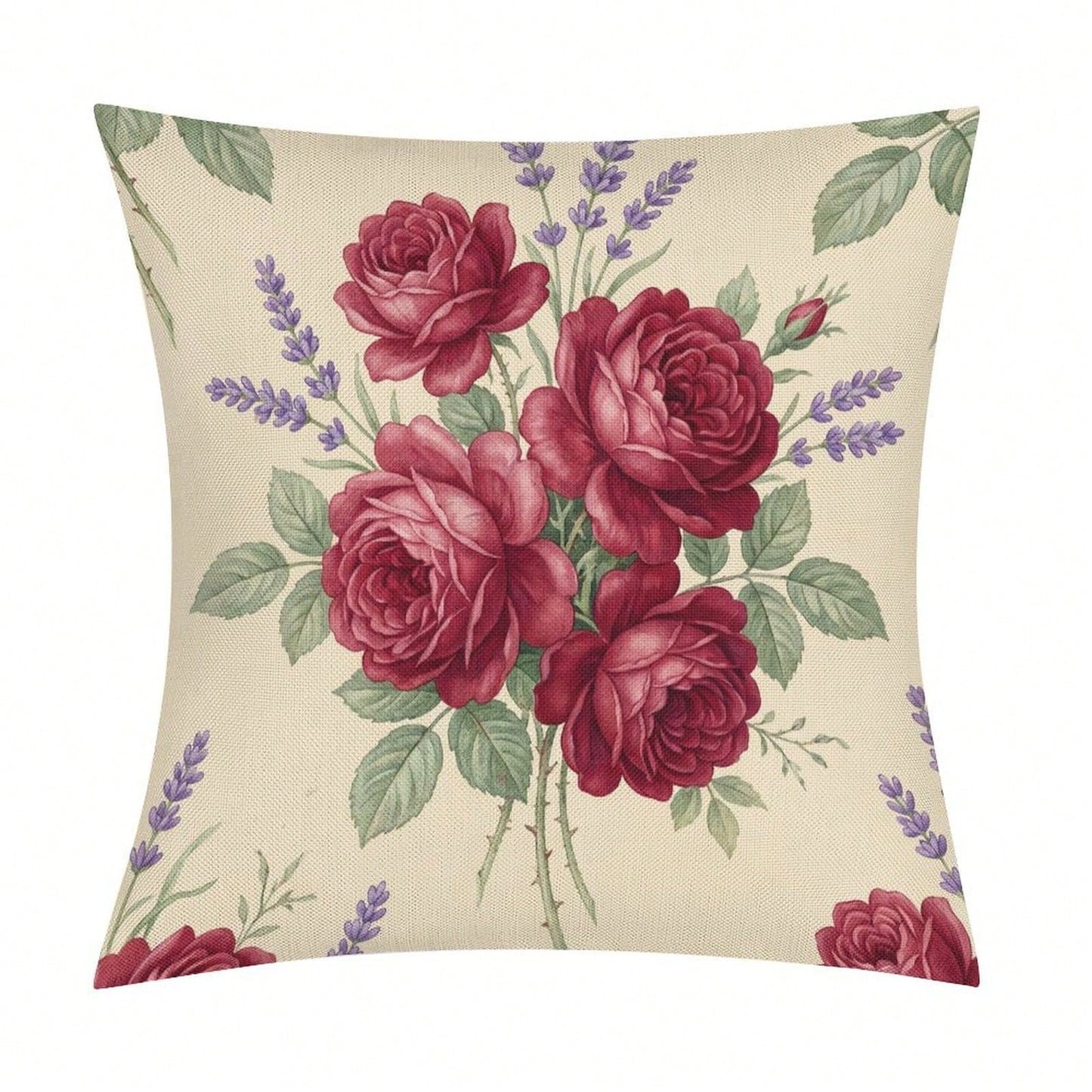 1pc Vintage Burgundy Rose & Lavender Floral Throw Pillow Cover, A Cozy Little Item With Interwoven Colorful Flowers And Plaids, Pillow Insert Not Included, Decorative Pillowcase, Elegant Pillow Cover