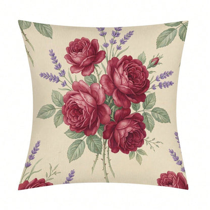 1pc Vintage Burgundy Rose & Lavender Floral Throw Pillow Cover, A Cozy Little Item With Interwoven Colorful Flowers And Plaids, Pillow Insert Not Included, Decorative Pillowcase, Elegant Pillow Cover