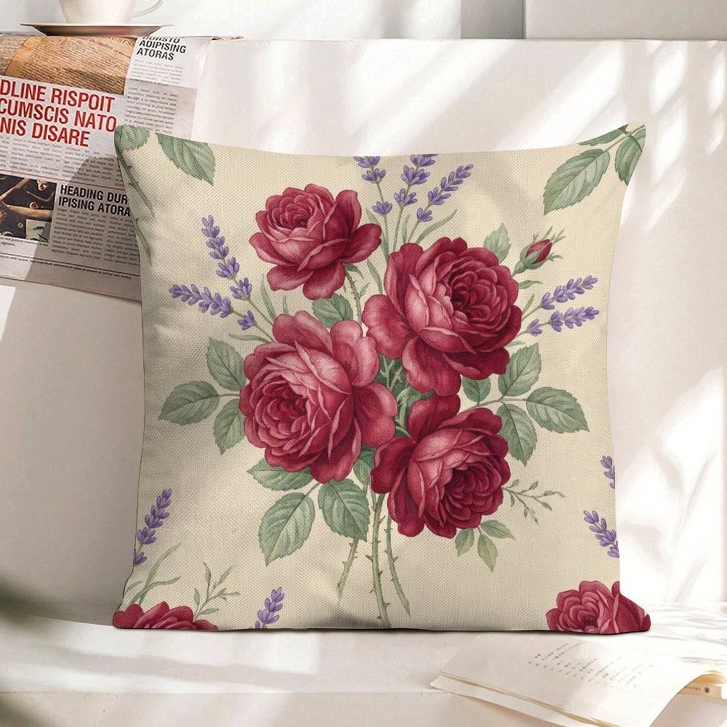 1pc Vintage Burgundy Rose & Lavender Floral Throw Pillow Cover, A Cozy Little Item With Interwoven Colorful Flowers And Plaids, Pillow Insert Not Included, Decorative Pillowcase, Elegant Pillow Cover