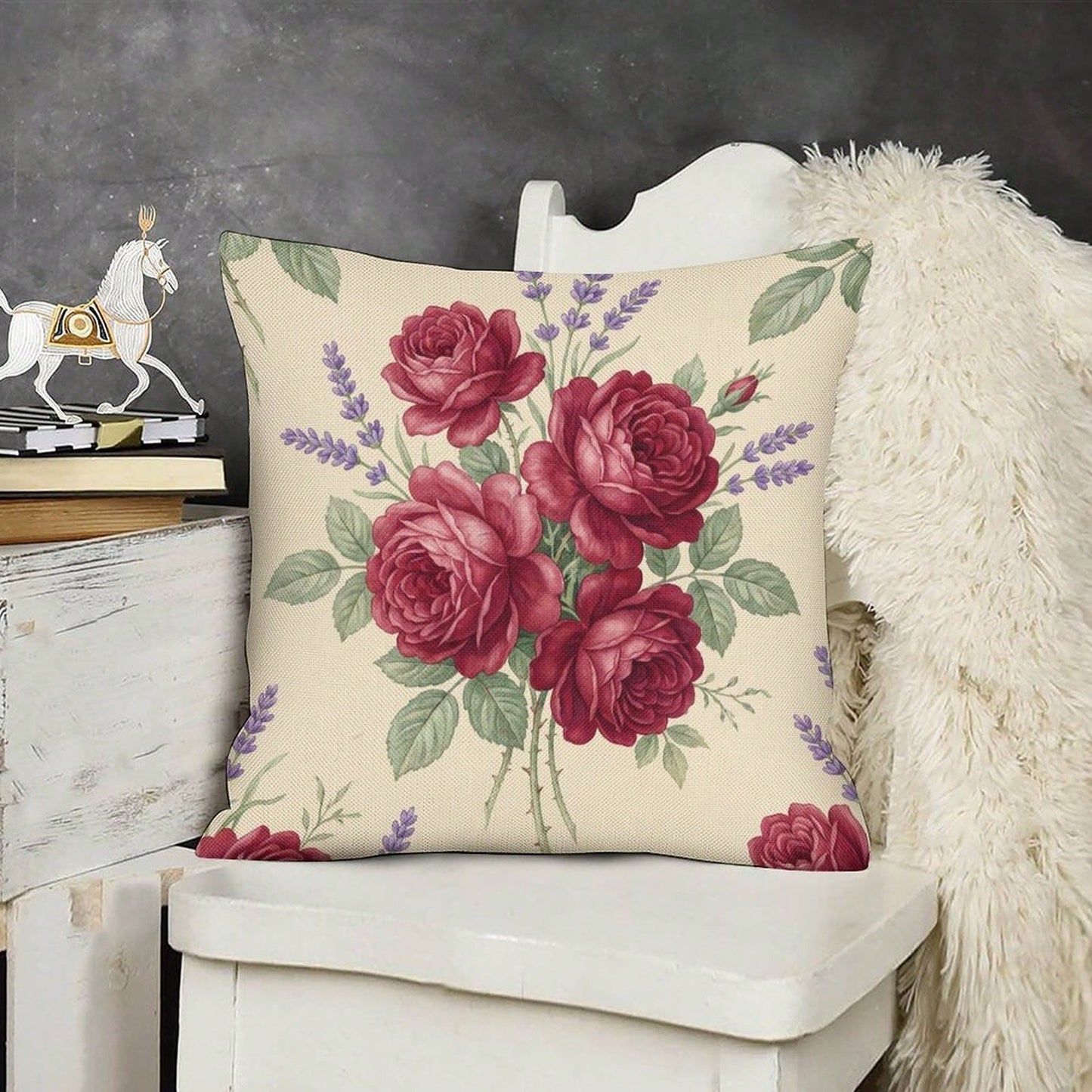 1pc Vintage Burgundy Rose & Lavender Floral Throw Pillow Cover, A Cozy Little Item With Interwoven Colorful Flowers And Plaids, Pillow Insert Not Included, Decorative Pillowcase, Elegant Pillow Cover
