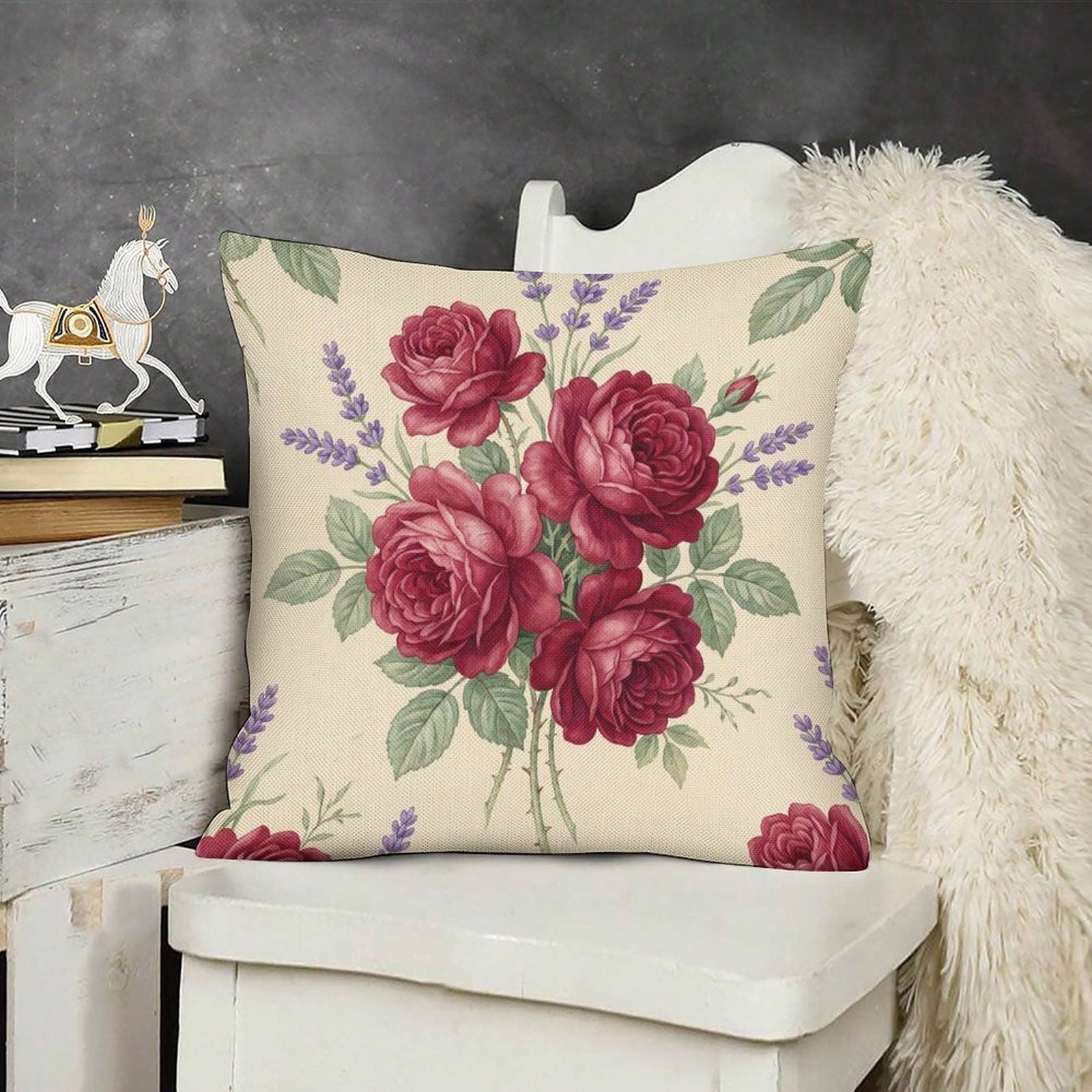 1pc Vintage Burgundy Rose & Lavender Floral Throw Pillow Cover, A Cozy Little Item With Interwoven Colorful Flowers And Plaids, Pillow Insert Not Included, Decorative Pillowcase, Elegant Pillow Cover