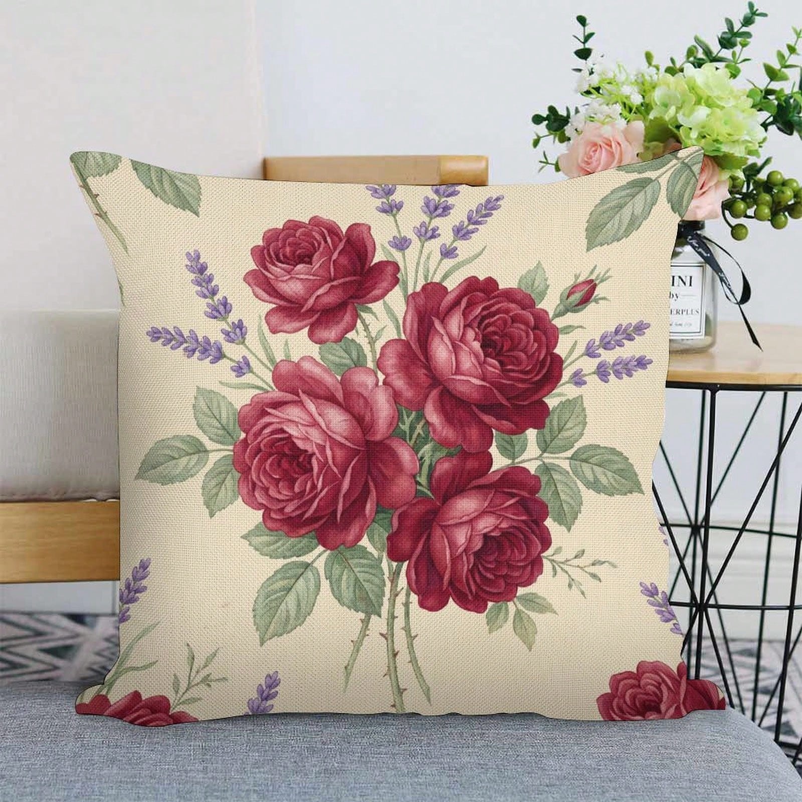 1pc Vintage Burgundy Rose & Lavender Floral Throw Pillow Cover, A Cozy Little Item With Interwoven Colorful Flowers And Plaids, Pillow Insert Not Included, Decorative Pillowcase, Elegant Pillow Cover