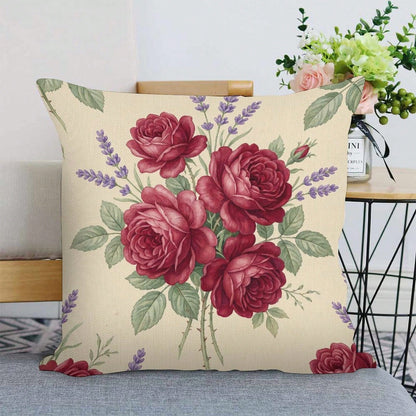1pc Vintage Burgundy Rose & Lavender Floral Throw Pillow Cover, A Cozy Little Item With Interwoven Colorful Flowers And Plaids, Pillow Insert Not Included, Decorative Pillowcase, Elegant Pillow Cover