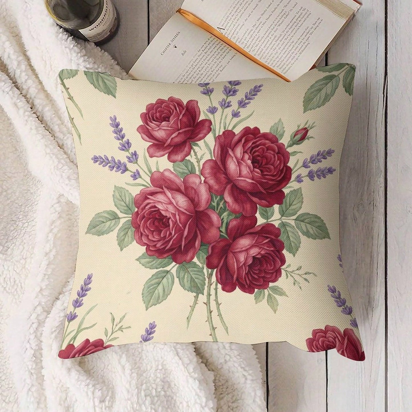 1pc Vintage Burgundy Rose & Lavender Floral Throw Pillow Cover, A Cozy Little Item With Interwoven Colorful Flowers And Plaids, Pillow Insert Not Included, Decorative Pillowcase, Elegant Pillow Cover