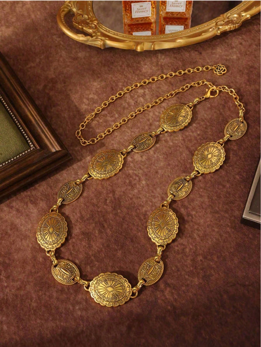 1pc Vintage Fashion Bohemian Metal Floral Pattern Distressed Flower Disc Waist Chain, Suitable For Women's Daily Wear And Party, Festival Style
