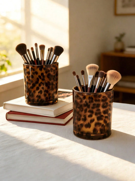 1pc Vintage Tiger Stripe Glass Storage Box, Makeup Brush Holder, Lipstick And Eyeliner Storage Box, Office Decor, Birthday Gift Or Housewarming Gift, Home Decor, Storage Organizer, Perfect Gift For Wo