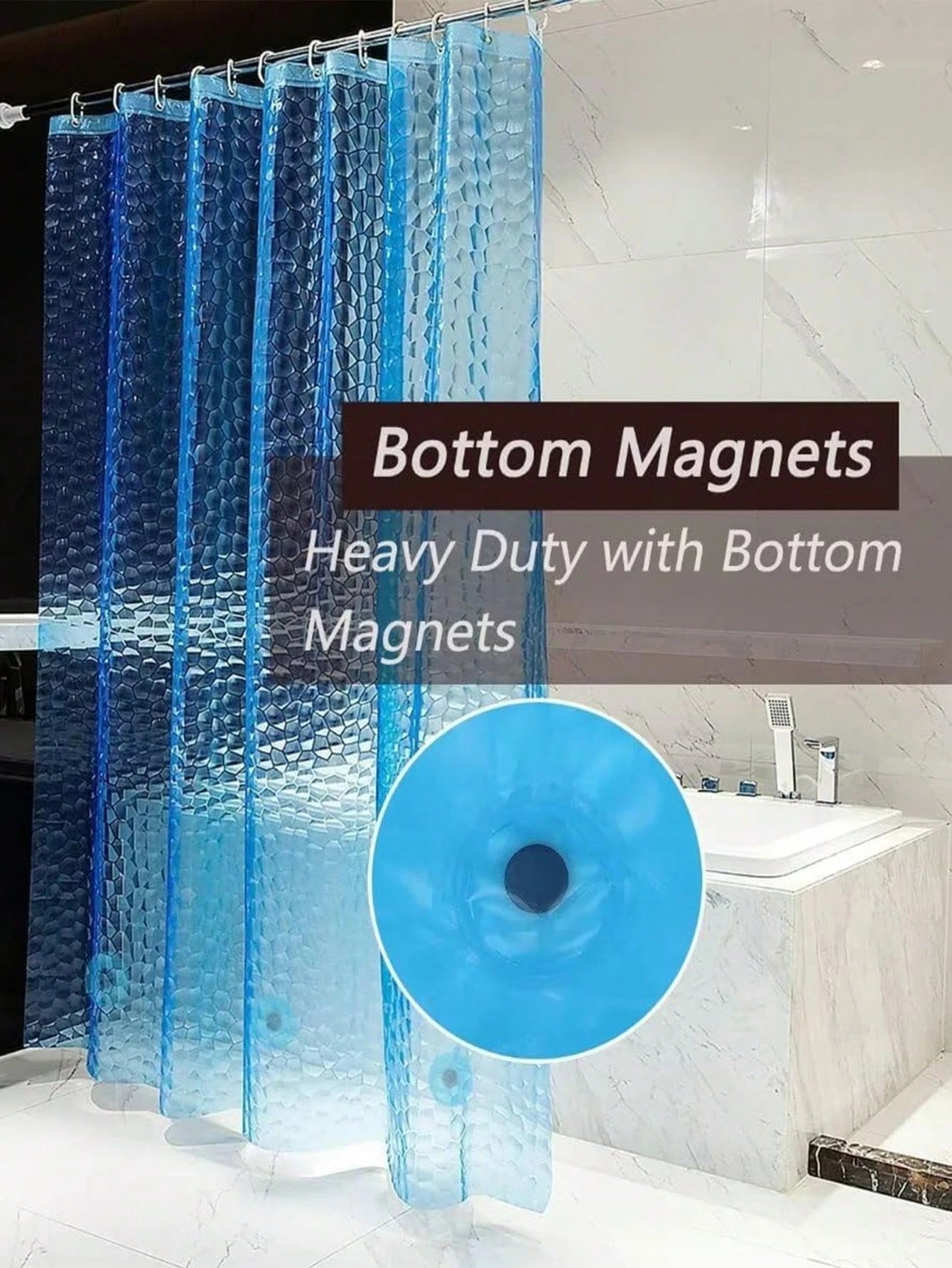 1pc Water Cube 3D Waterproof Mildew-Proof Bathroom Shower Curtain, With Steel Hooks On Top And Magnets On Bottom, Liner Included, Blue Translucent Ice Pattern Back To School Bathroom Decor