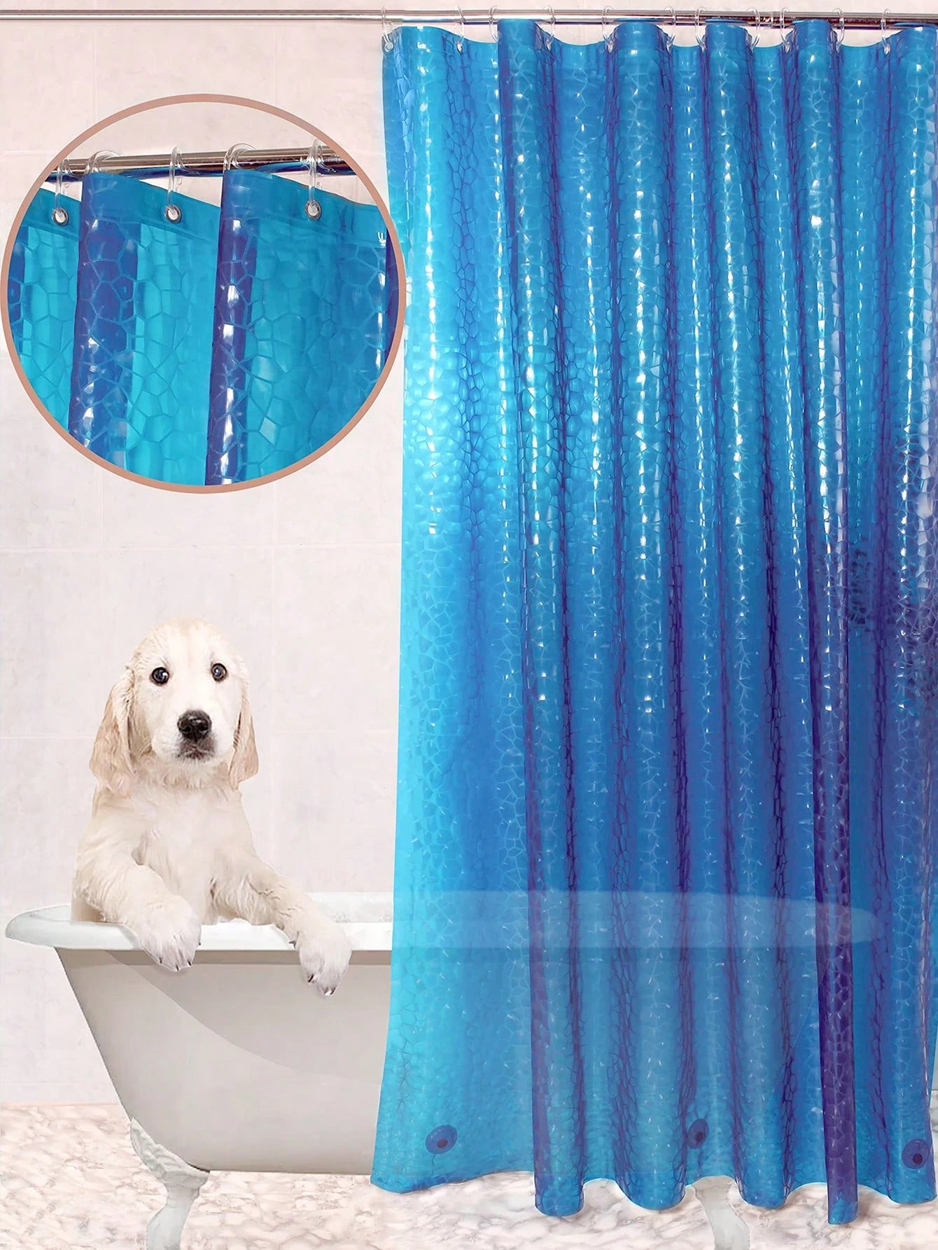 1pc Water Cube 3D Waterproof Mildew-Proof Bathroom Shower Curtain, With Steel Hooks On Top And Magnets On Bottom, Liner Included, Blue Translucent Ice Pattern Back To School Bathroom Decor