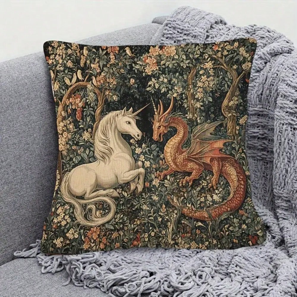 1pc Whimsical Medieval Style Pillowcase, Single-Sided Print,Envelope Closure, Suitable For Living Room, Bedroom, Sofa, Car Decoration Cushion Cover(No Pillow Core), Unicorn Print, Durable Fabric, Soft