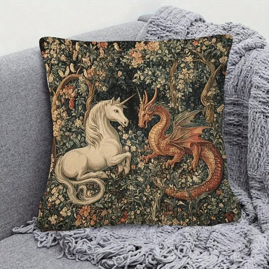 1pc Whimsical Medieval Style Pillowcase, Single-Sided Print,Envelope Closure, Suitable For Living Room, Bedroom, Sofa, Car Decoration Cushion Cover(No Pillow Core), Unicorn Print, Durable Fabric, Soft
