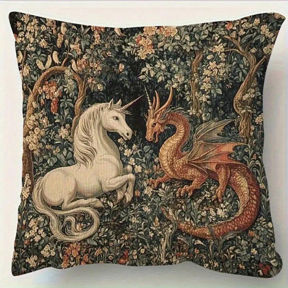 1pc Whimsical Medieval Style Pillowcase, Single-Sided Print,Envelope Closure, Suitable For Living Room, Bedroom, Sofa, Car Decoration Cushion Cover(No Pillow Core), Unicorn Print, Durable Fabric, Soft
