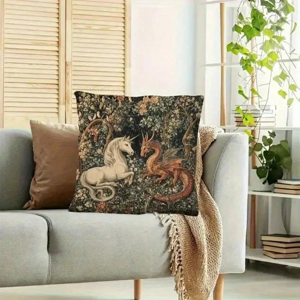 1pc Whimsical Medieval Style Pillowcase, Single-Sided Print,Envelope Closure, Suitable For Living Room, Bedroom, Sofa, Car Decoration Cushion Cover(No Pillow Core), Unicorn Print, Durable Fabric, Soft