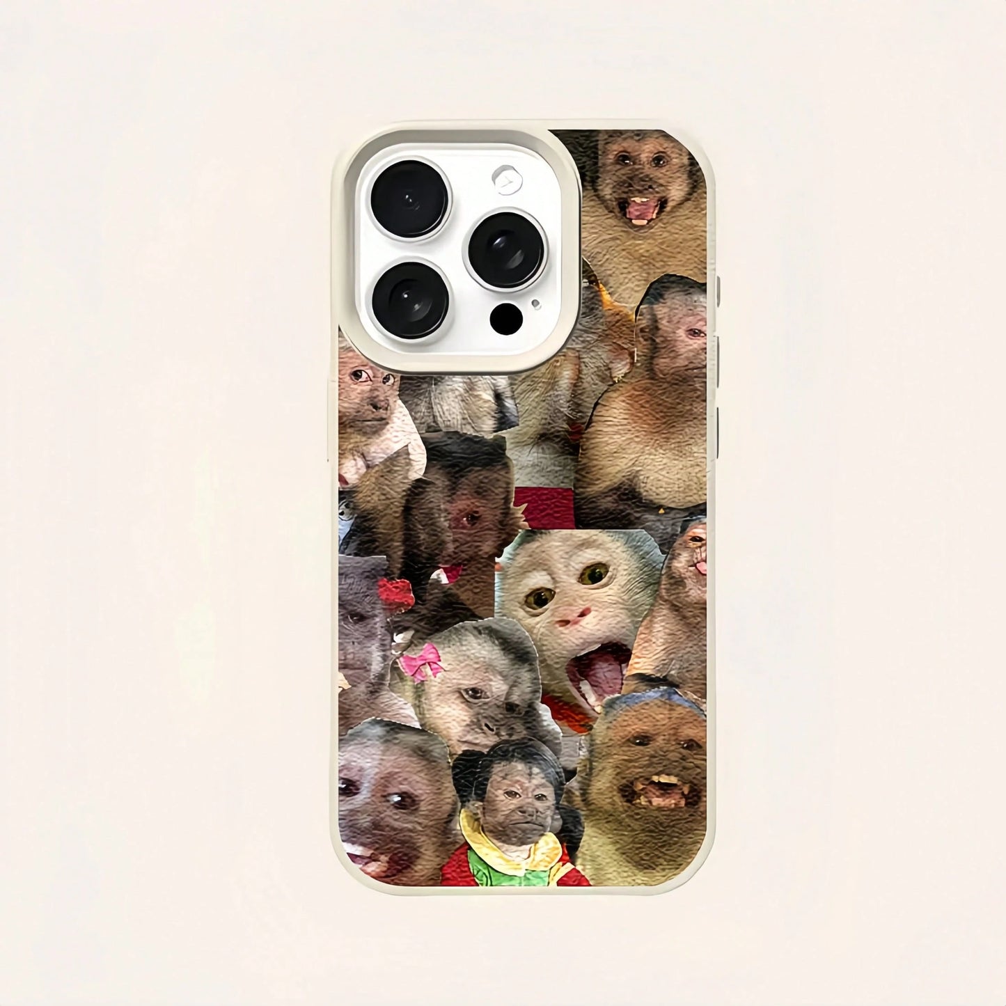 1pc White Leather Texture Minimalist Abstract Monkey Pattern Phone Case, Compatible With IPhone 16 Pro Max, 17/16/15/14 Plus, 13/12/11, Air, Series