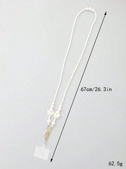 1pc White Pearl Bow Door Buckle Long Crossbody Mobile Phone Lanyard Gifts For Mother, Family, Friends, Birthday, Holiday Phone Charm, Phone Chain