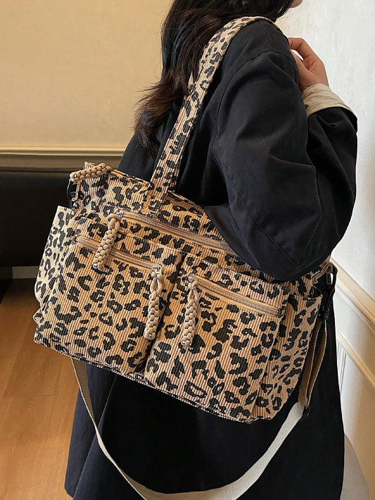 1pc Women's Fashionable Tote Bag With Full Body Leopard Print, Made Of Corduroy Material, Large Capacity With Multiple Pockets For Storage, Detachable And Adjustable Shoulder Strap, Suitable For Casua