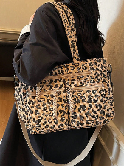 1pc Women's Fashionable Tote Bag With Full Body Leopard Print, Made Of Corduroy Material, Large Capacity With Multiple Pockets For Storage, Detachable And Adjustable Shoulder Strap, Suitable For Casua