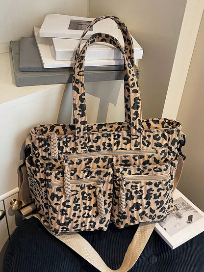 1pc Women's Fashionable Tote Bag With Full Body Leopard Print, Made Of Corduroy Material, Large Capacity With Multiple Pockets For Storage, Detachable And Adjustable Shoulder Strap, Suitable For Casua