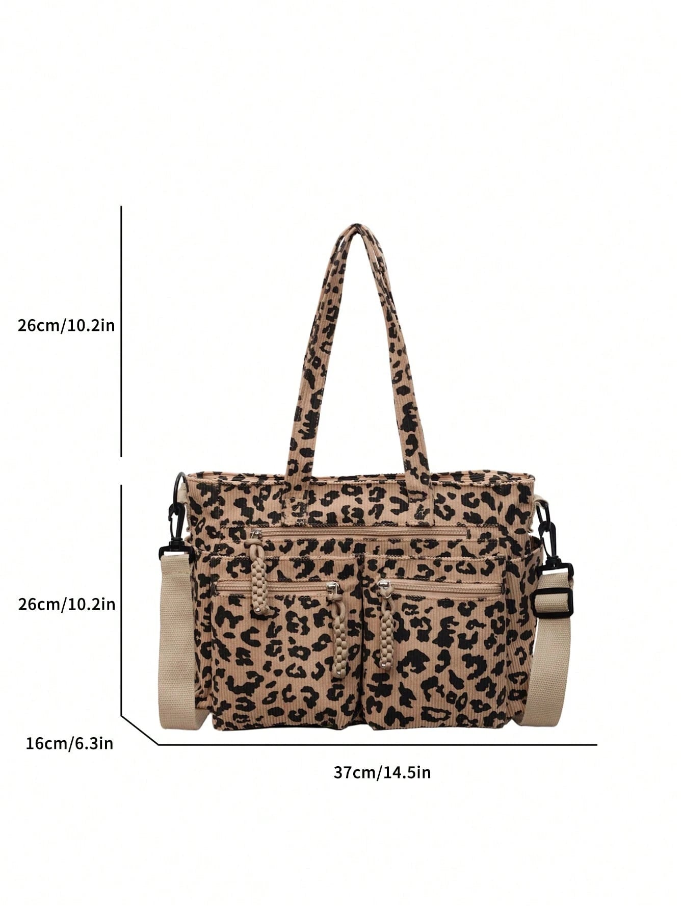 1pc Women's Fashionable Tote Bag With Full Body Leopard Print, Made Of Corduroy Material, Large Capacity With Multiple Pockets For Storage, Detachable And Adjustable Shoulder Strap, Suitable For Casua