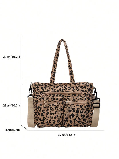 1pc Women's Fashionable Tote Bag With Full Body Leopard Print, Made Of Corduroy Material, Large Capacity With Multiple Pockets For Storage, Detachable And Adjustable Shoulder Strap, Suitable For Casua