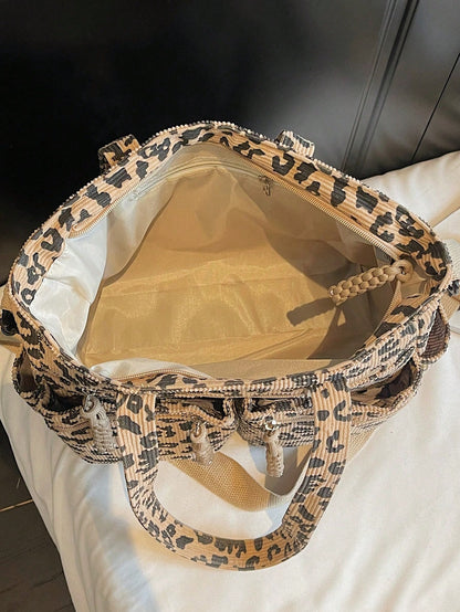 1pc Women's Fashionable Tote Bag With Full Body Leopard Print, Made Of Corduroy Material, Large Capacity With Multiple Pockets For Storage, Detachable And Adjustable Shoulder Strap, Suitable For Casua